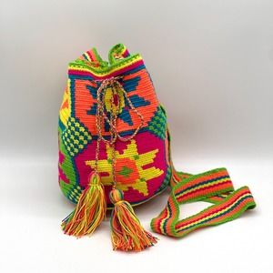 WAYUU MOCHILA Columbian Woven Bag Womens Small Crochet Tassel Boho Crossbody